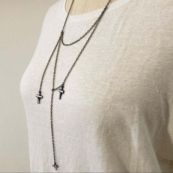 Gunmetal Multi Layer Asymmetrical Cross Necklace - Picture 4 of 6